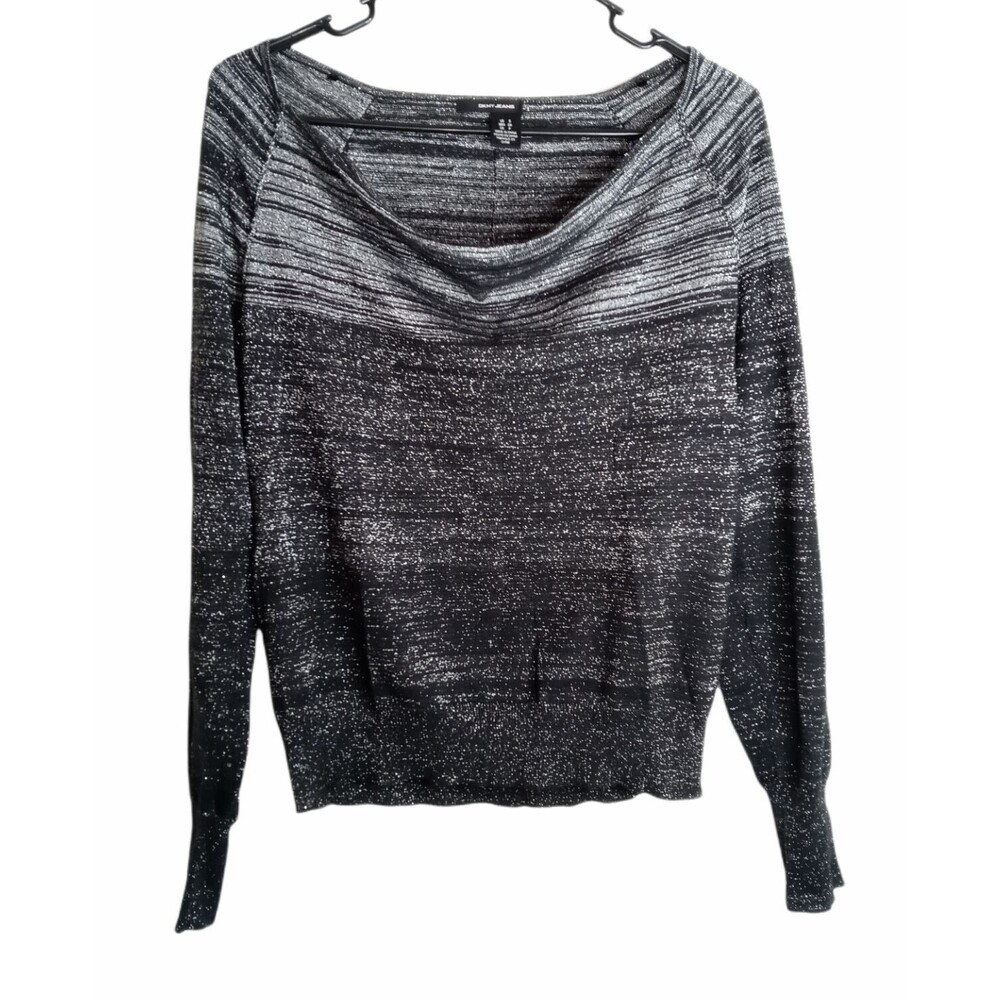DKNY Jeans Black Striped Sweater with Metallic Thread Accents Small